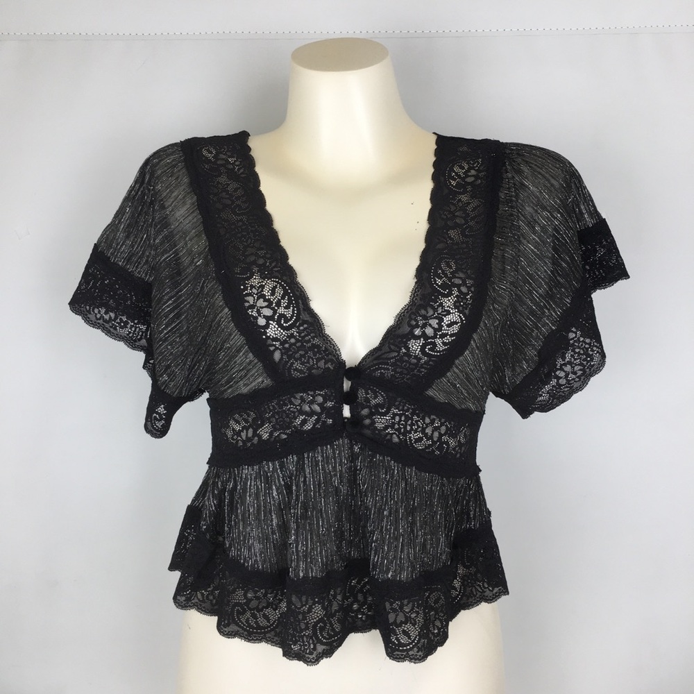 Y2K Babydoll Peplum Top Black Silver Lace Women’s Size Small Witchy Whimsigoth